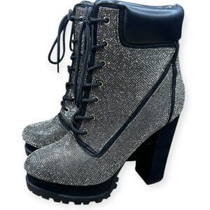 WILD DIVA Women’s Black Rhinestone Lace-Up Platform Block Heel Boots Size 10